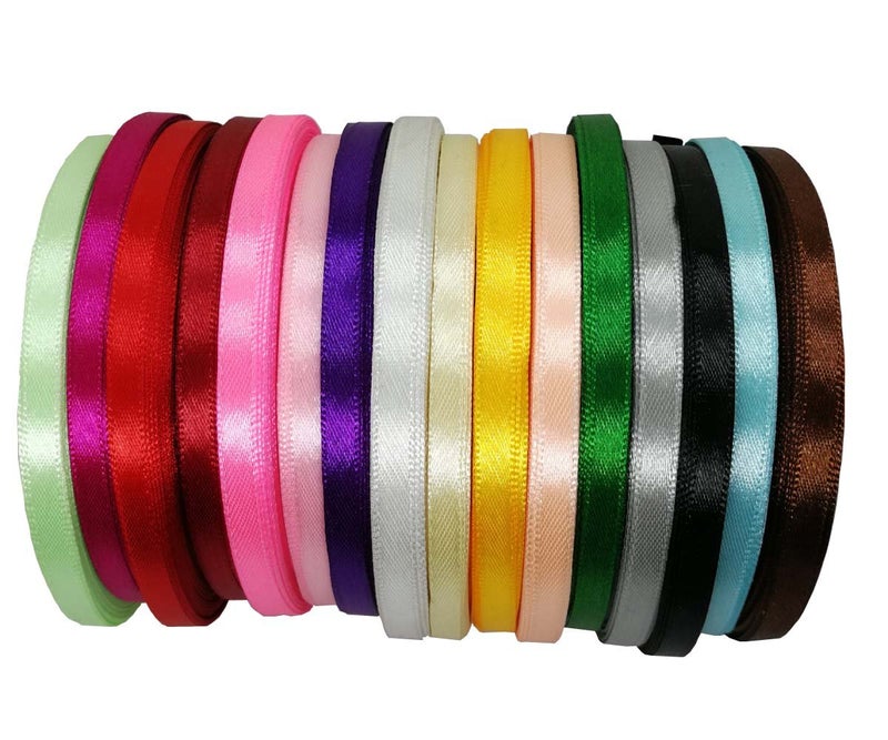 JESEP 16 Rolls 400 Yards Solid Satin Fabric Ribbon MultiColor Packing for Gift Package Wrapping Hair Bow Clips Accessories Crafting Sewing Wedding Decorator etc 14 6MM