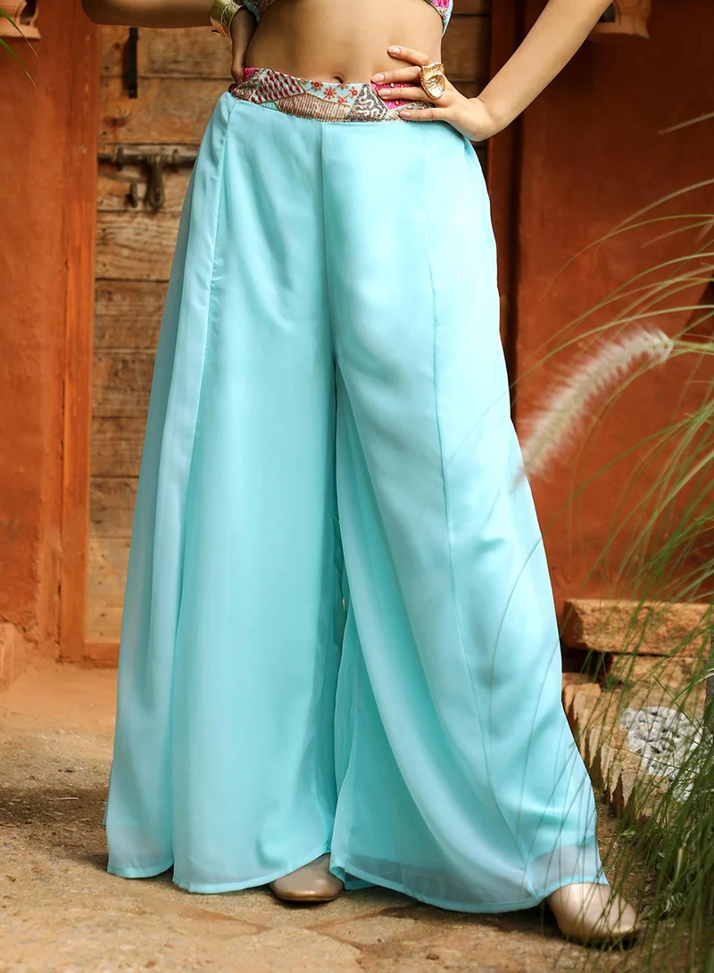 Qissa  Women's Sky Blue Block Flared Co-Ord Set For Casual Wear | Spagetti Straps | Sleeveless | 3 Piece Co-Ords Designed With Comfort Fit For Everyday Ethnic Wear for Women | Best Price UAE