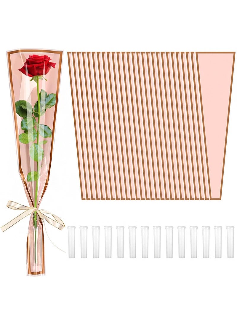 Aikanbo - 50 Pcs Single Rose Sleeve with 15 Pcs Floral Water Tubes for Bouquets, Single Flower Sleeve Flower Wrapping Bags Flower Water Tubes for Mother's Day Graduation Party(Gold edge pink) - Image 1