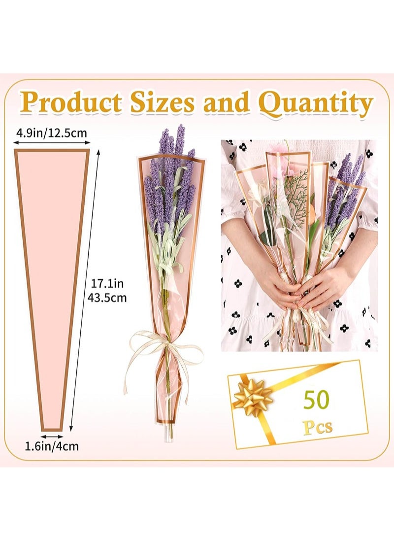 Aikanbo - 50 Pcs Single Rose Sleeve with 15 Pcs Floral Water Tubes for Bouquets, Single Flower Sleeve Flower Wrapping Bags Flower Water Tubes for Mother's Day Graduation Party(Gold edge pink) - Image 1