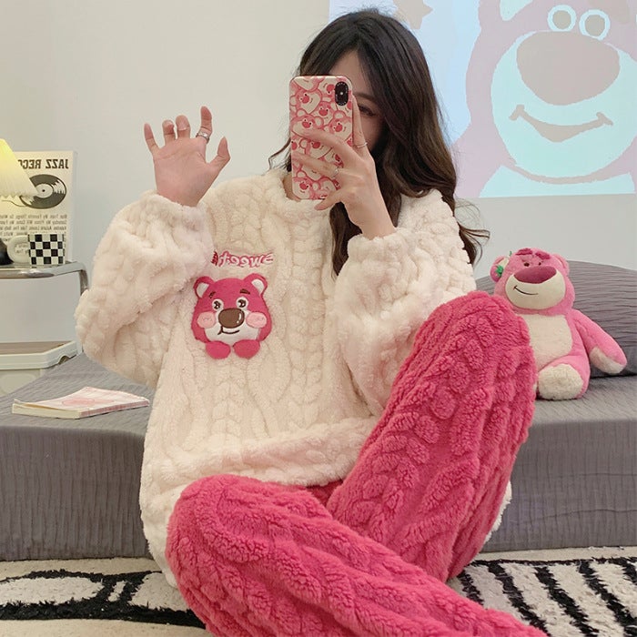 New Womens Plush Pajama Set Autumn Winter Cartoon Long Sleeve Pure white skirt