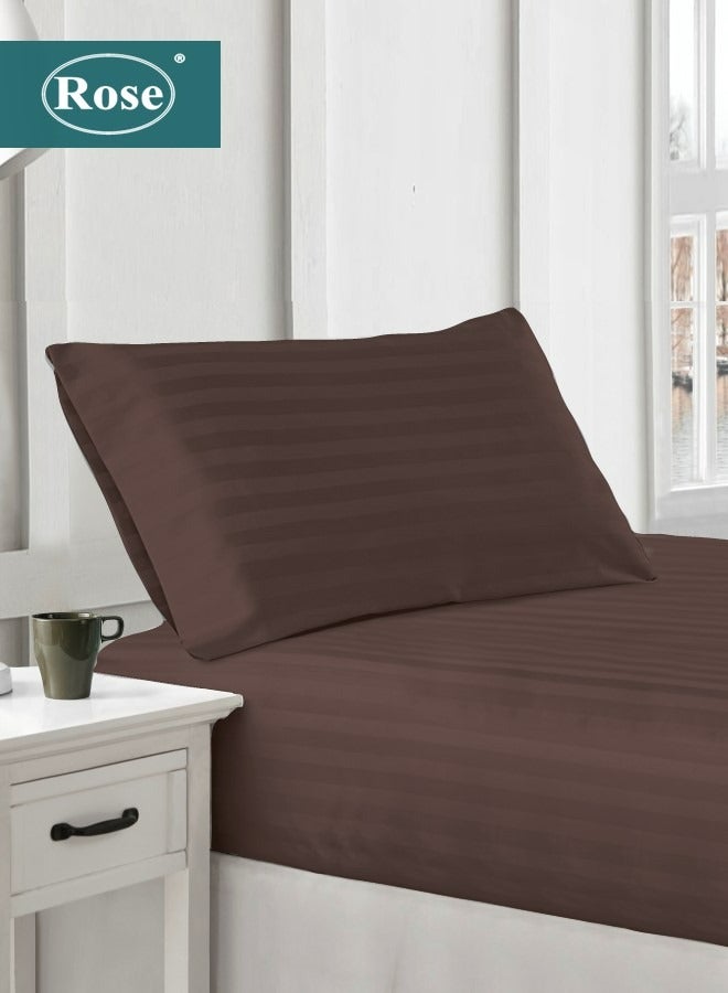 Rose Rose Luxurious Hotel Stripe Fitted Sheet with Deep Pockets and Pillow Case, Bed Sheet 2-Pieces Set, Soft & Silky Microfiber Breathable and Cooling, Extra Twin Size 120x200+35 cm, Dark Brown  - Image 1