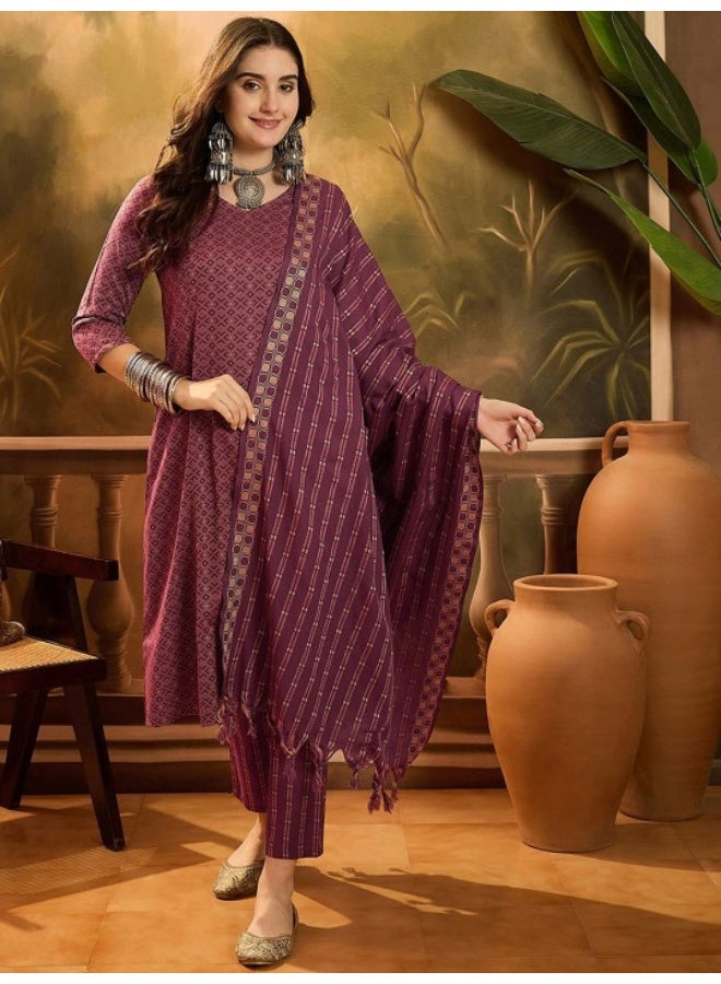 AKS Maroon A-Line Jacquard Cotton Kurta Set - Image 1