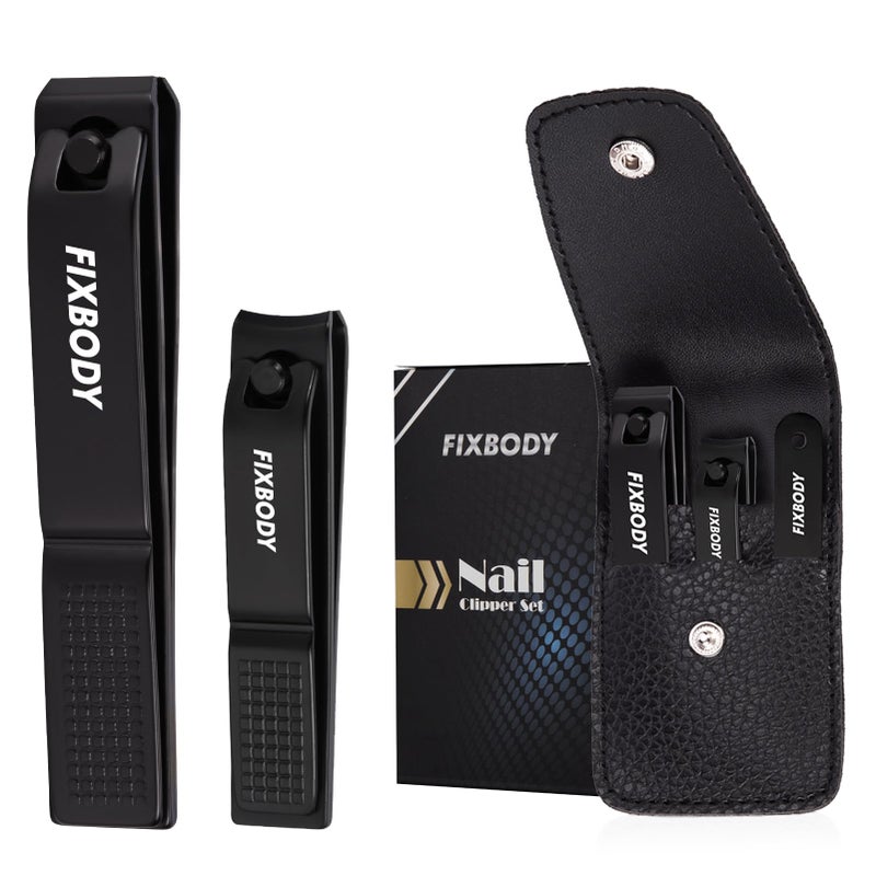 FIXBODY Nail Clipper Set, Ultra Sharp Black Stainless Steel Fingernail & Toenails Clipper and Nail File with Leather Travel Case,Great Christmas Gift,Stocking Stuffers for Men and Women - Image 1
