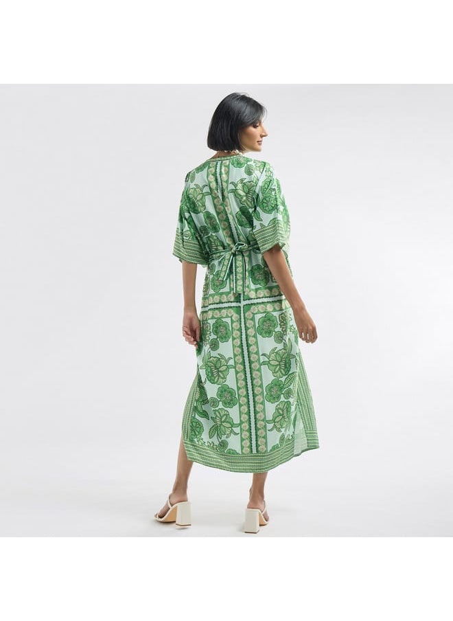 FAV - All-Over Floral Print V-neck Kaftan Dress with Tie-Up Belt and Slit Detail - Image 1