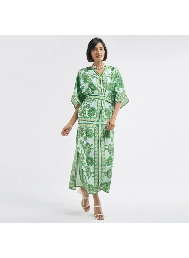 FAV All-Over Floral Print V-neck Kaftan Dress with Tie-Up Belt and Slit Detail