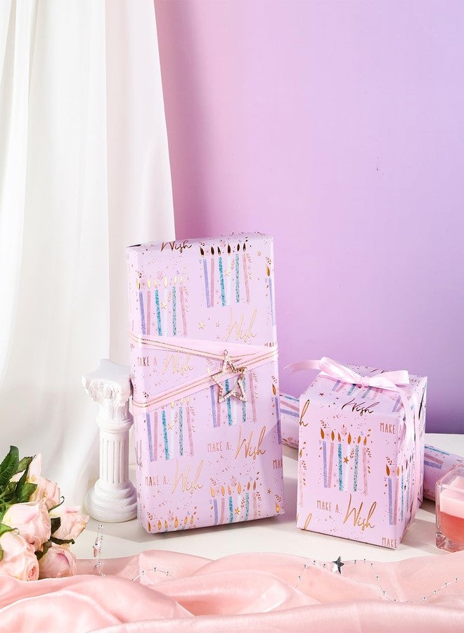 LeZakaa Reversible Birthday Wrapping Paper Roll - Purple Candle & White Stripe Metallic Foil Gift Wrap for Girls, Women, Party, Celebration - Mini Roll, 17 Inches x 32.8 Feet - Image 3
