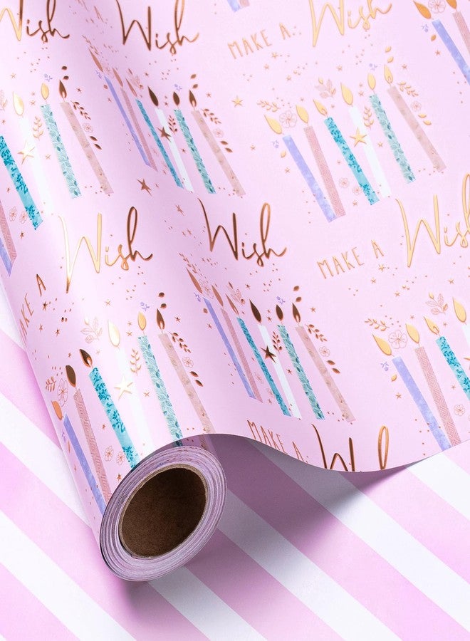 LeZakaa Reversible Birthday Wrapping Paper Roll - Purple Candle & White Stripe Metallic Foil Gift Wrap for Girls, Women, Party, Celebration - Mini Roll, 17 Inches x 32.8 Feet - Image 1