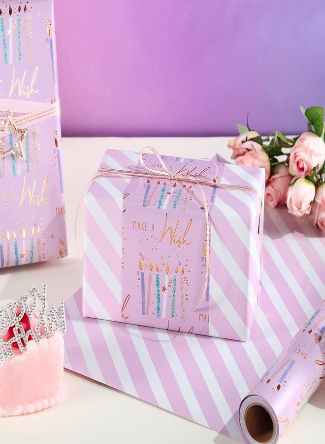 LeZakaa Reversible Birthday Wrapping Paper Roll - Purple Candle & White Stripe Metallic Foil Gift Wrap for Girls, Women, Party, Celebration - Mini Roll, 17 Inches x 32.8 Feet - Image 5