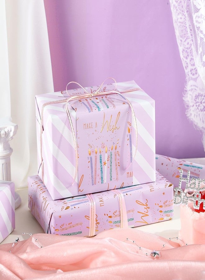 LeZakaa Reversible Birthday Wrapping Paper Roll - Purple Candle & White Stripe Metallic Foil Gift Wrap for Girls, Women, Party, Celebration - Mini Roll, 17 Inches x 32.8 Feet - Image 4
