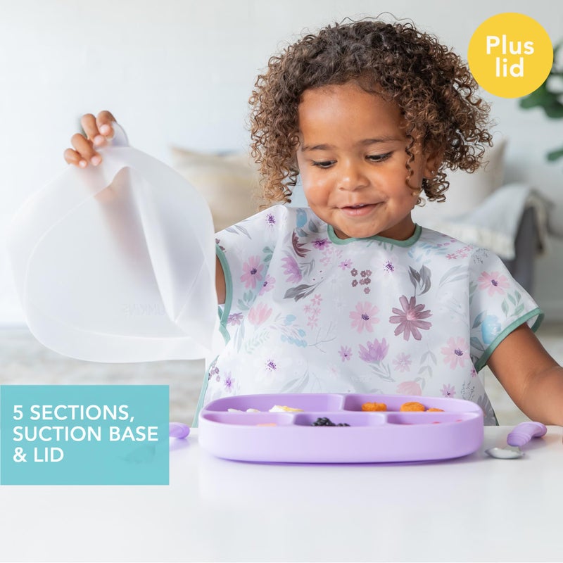 Bumkins Toddler and Baby Suction Plate, Silicone Divided Grip Dish and Lid, Large 5-Section Tray for Kids, Essentials in Children Feeding Supplies, Non Skid Stick Bottom, Ages 6 Months Up, Lavender - Image 2