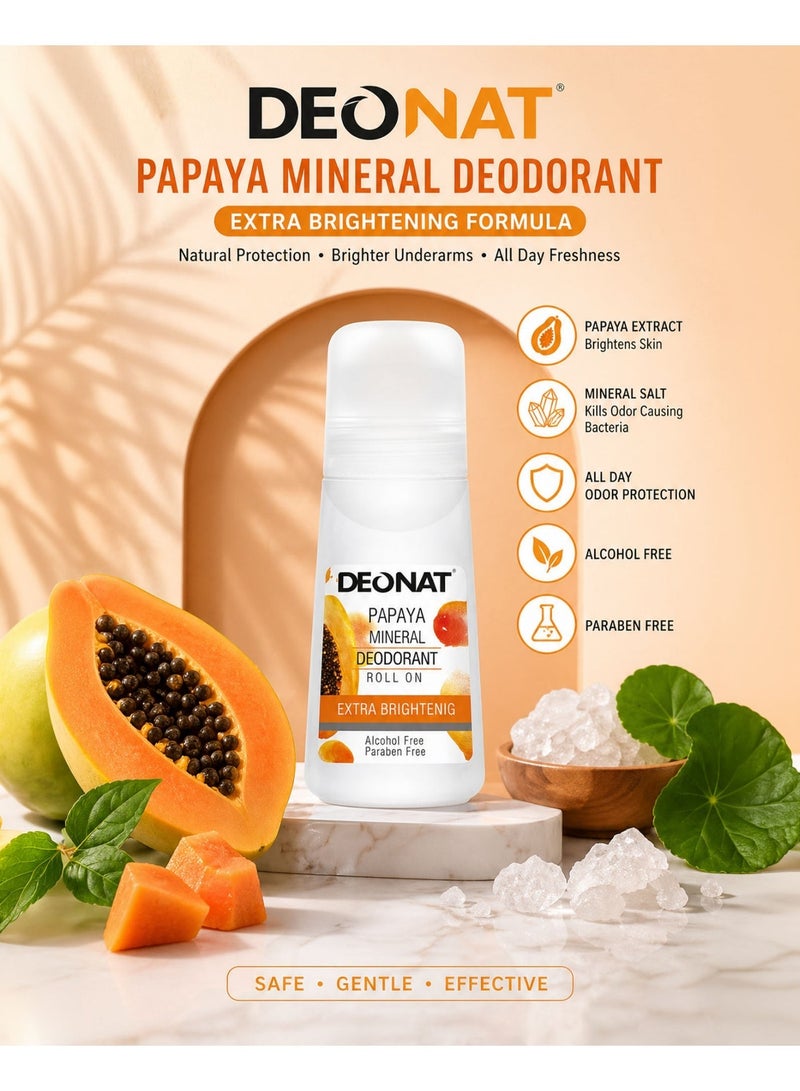 DEONAT Papaya Mineral Deodorant Roll On Extra Brightening with Papaya Extract Glutathione Underarm Whitening Lightening Anti Dark Underarms Odor Protection Natural Mineral Deodorant Roll On for Men and Women Long Lasting Freshness Daily Use Gentle Skin Care 65 ml - Image 1
