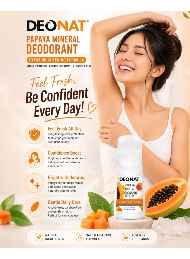 DEONAT Papaya Mineral Deodorant Roll On Extra Brightening with Papaya Extract Glutathione Underarm Whitening Lightening Anti Dark Underarms Odor Protection Natural Mineral Deodorant Roll On for Men and Women Long Lasting Freshness Daily Use Gentle Skin Care 65 ml - Image 4