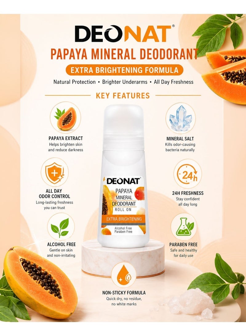 DEONAT Papaya Mineral Deodorant Roll On Extra Brightening with Papaya Extract Glutathione Underarm Whitening Lightening Anti Dark Underarms Odor Protection Natural Mineral Deodorant Roll On for Men and Women Long Lasting Freshness Daily Use Gentle Skin Care 65 ml - Image 2