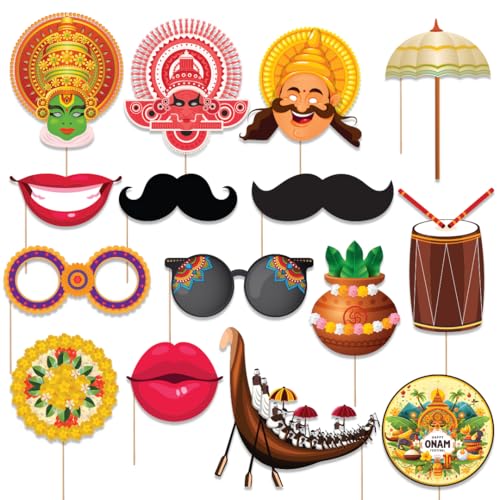 Festiko® 15 Pcs Happy Onam Photobooth Props for Kids & Adults | Onam Festival Photo Booth Props for Selfie, Onam Decoration Items for Home, Office, School, Event Party Supplies | Malayalam Onam Props - Image 1
