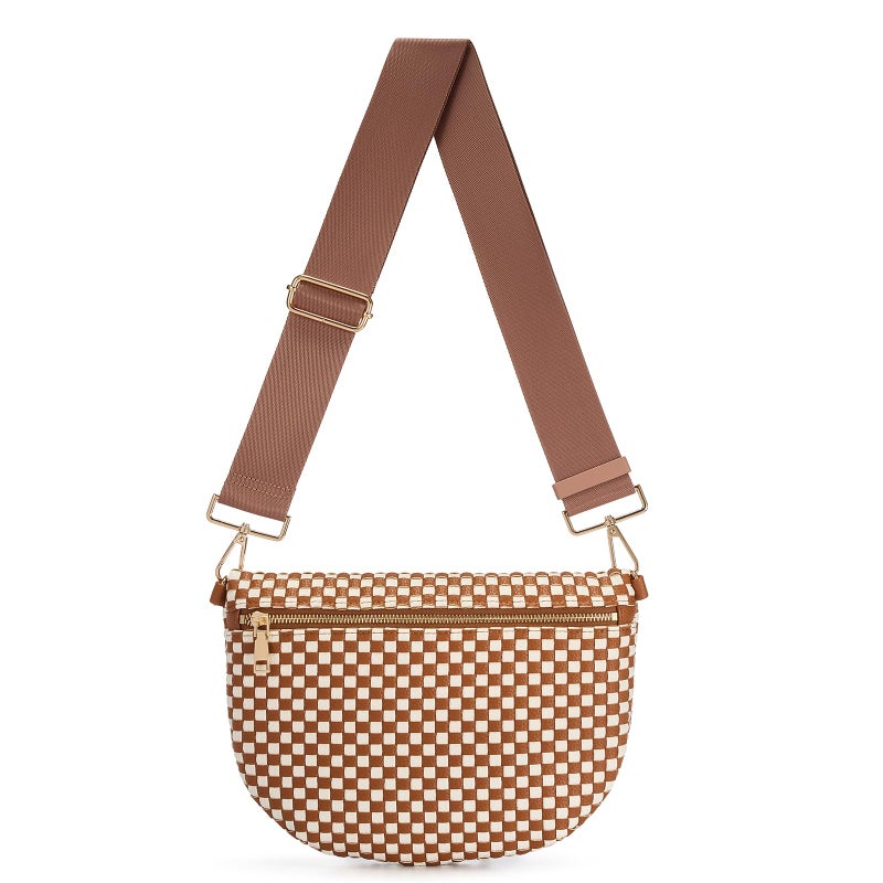 kuifang Woven Crossbody Bags For Women, Checkered Fashion PU Bum Bag Waist Pack, Travel Sling Purse with Adjustable Strapï¼ˆBrown and White) - Image 1