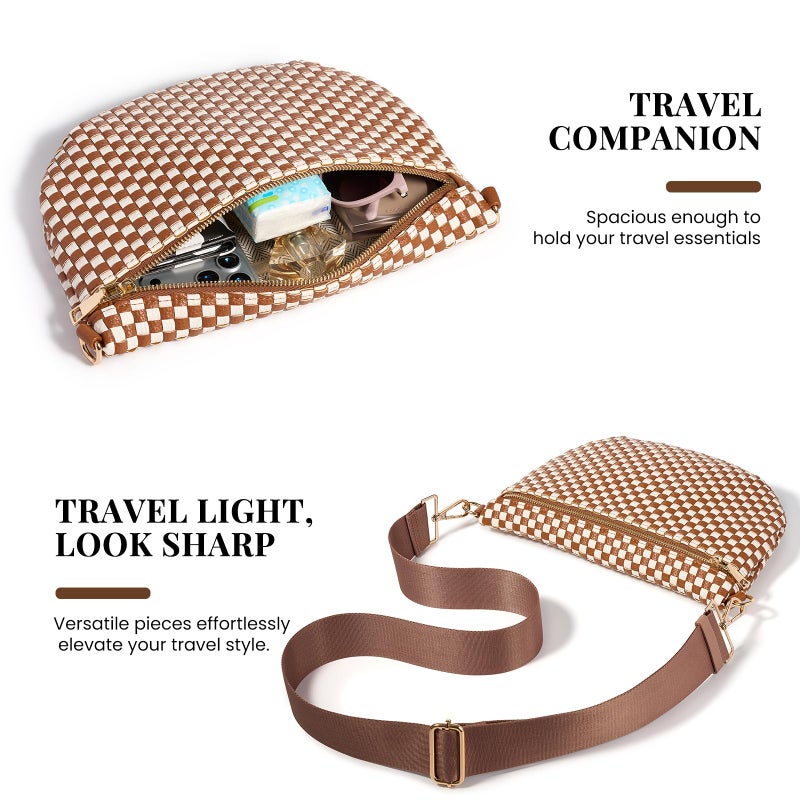 kuifang Woven Crossbody Bags For Women, Checkered Fashion PU Bum Bag Waist Pack, Travel Sling Purse with Adjustable Strapï¼ˆBrown and White) - Image 4