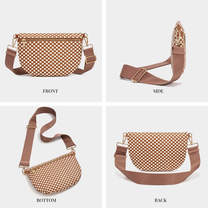 kuifang Woven Crossbody Bags For Women, Checkered Fashion PU Bum Bag Waist Pack, Travel Sling Purse with Adjustable Strapï¼ˆBrown and White) - Image 5