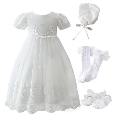 Leideur Baby Girl Christening Baptism Dress Long Blessing Gowns White Formal Wedding Dresses for Newborn (3 Months, Dress+hat+socks+ Shoes) - Image 1