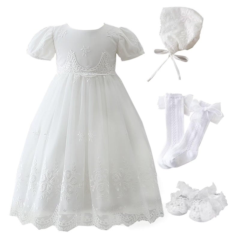 Leideur Baby Girl Christening Baptism Dress Long Blessing Gowns White Formal Wedding Dresses for Newborn (3 Months, Dress+hat+socks+ Shoes) - Image 2