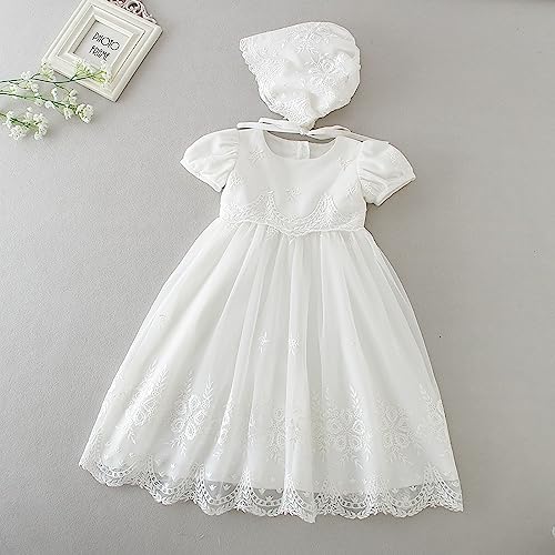 Leideur Baby Girl Christening Baptism Dress Long Blessing Gowns White Formal Wedding Dresses for Newborn (3 Months, Dress+hat+socks+ Shoes) - Image 3