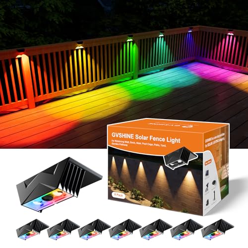 GVSHINE 8 Pack Color Change Solar Fence Lights Outdoor for Deck Railing Stair Retaining Wall Waterproof Led Accent RGB Lamp Decorative Lighting with Spot Len for Patio House Pool Cage Garden Yard - Image 1