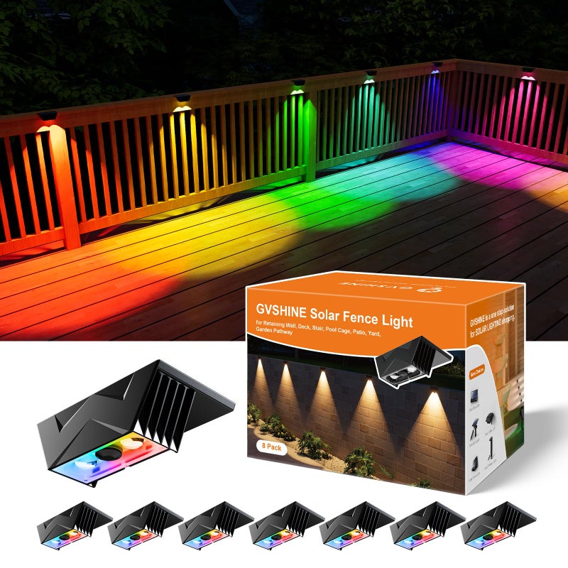 GVSHINE 8 Pack Color Change Solar Fence Lights Outdoor for Deck Railing Stair Retaining Wall Waterproof Led Accent RGB Lamp Decorative Lighting with Spot Len for Patio House Pool Cage Garden Yard - Image 2