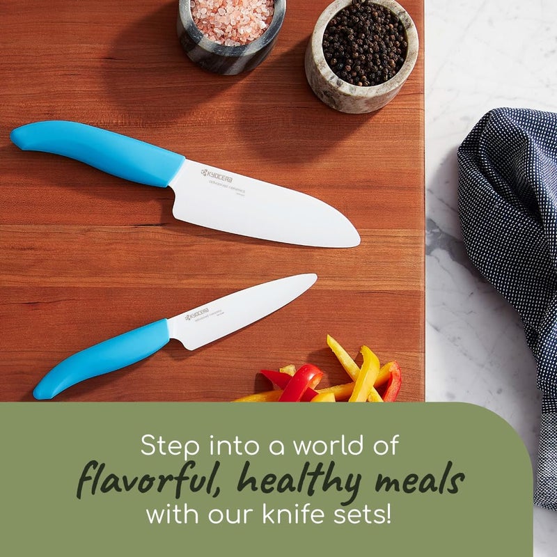 KYOCERA Revolution 2-Piece Ceramic Knife Set: Chef Knife For Your Cooking Needs, 5.5" Santoku and 4.5" Utility Knife, White Blades with Blue Handles, White/Blue - Image 4