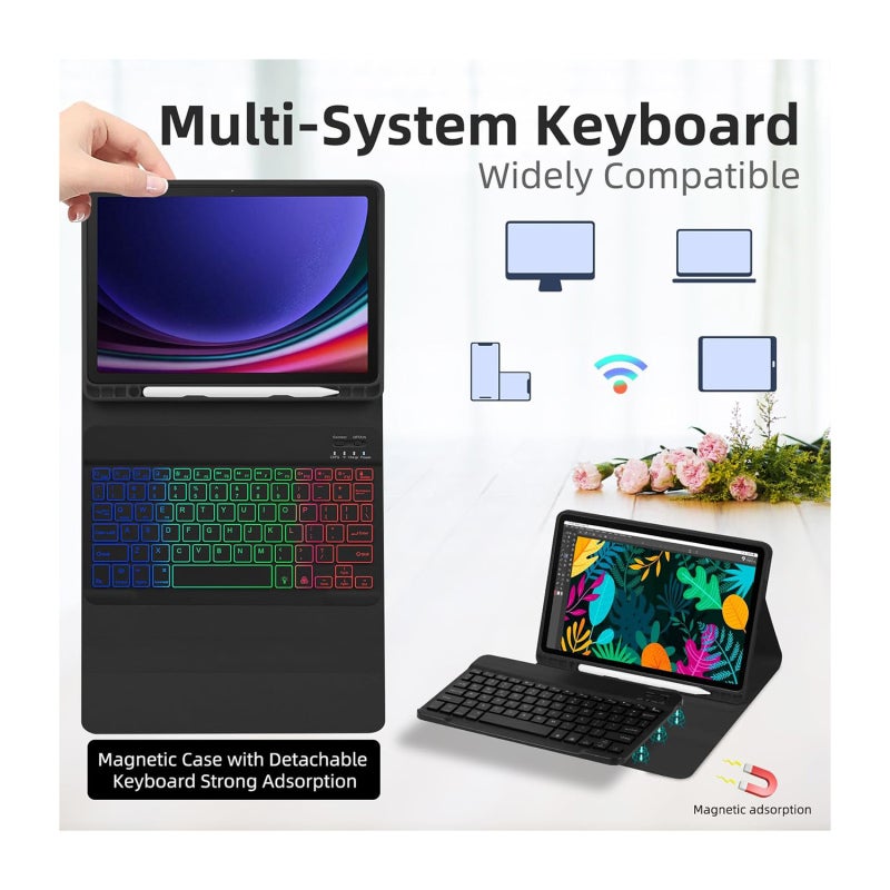 Bluetooth Keyboard: 7-Color Backlit Detachable Rechargeable Magnetic - Multi-Angle Stand Honeycomb Protective Case for Samsung Galaxy Tab S7/S8/S9/S9FE Travel Mobile Office - Image 3