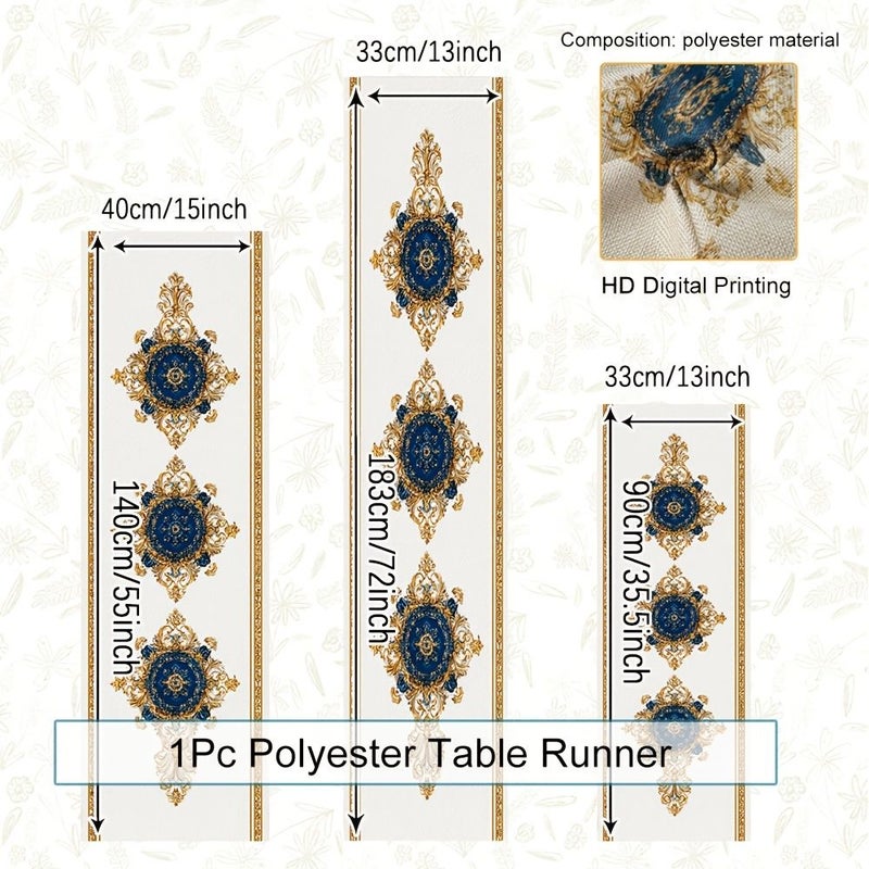 Gold Edged Blue Pattern Rectangular Table Runner 140cm Cotton Polyester Prints - Image 4