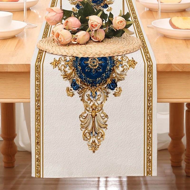 Gold Edged Blue Pattern Rectangular Table Runner 140cm Cotton Polyester Prints - Image 5