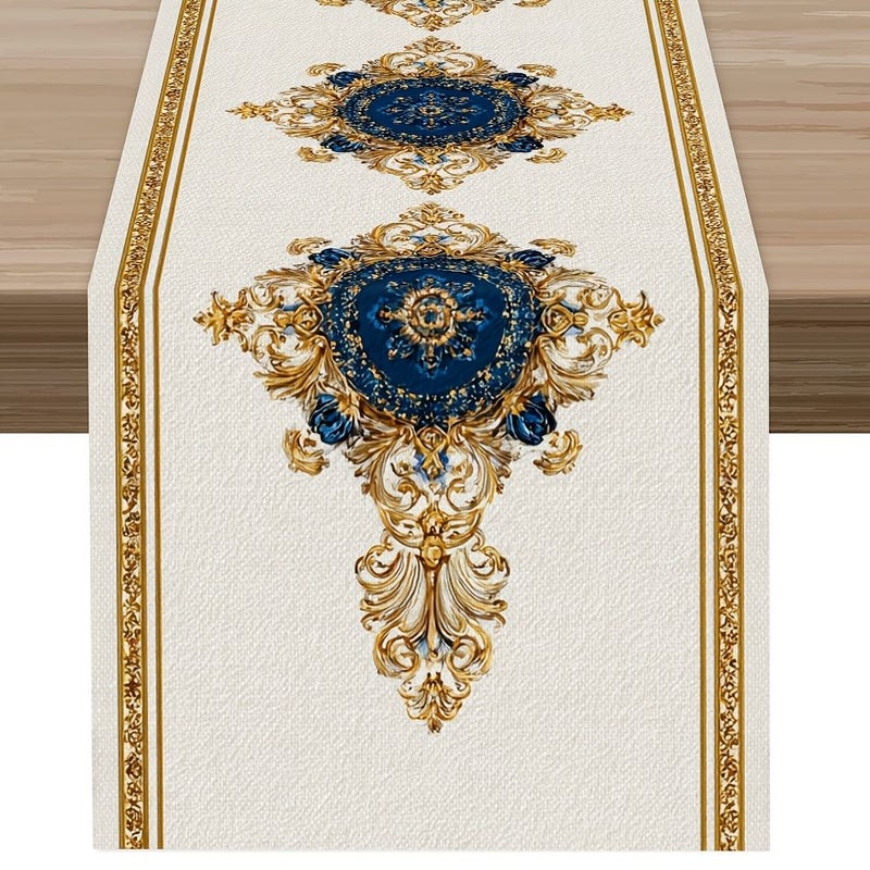 Gold Edged Blue Pattern Rectangular Table Runner 140cm Cotton Polyester Prints - Image 1