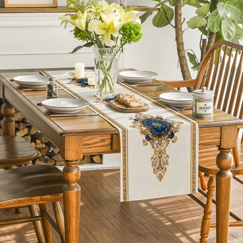 Gold Edged Blue Pattern Rectangular Table Runner 140cm Cotton Polyester Prints - Image 2
