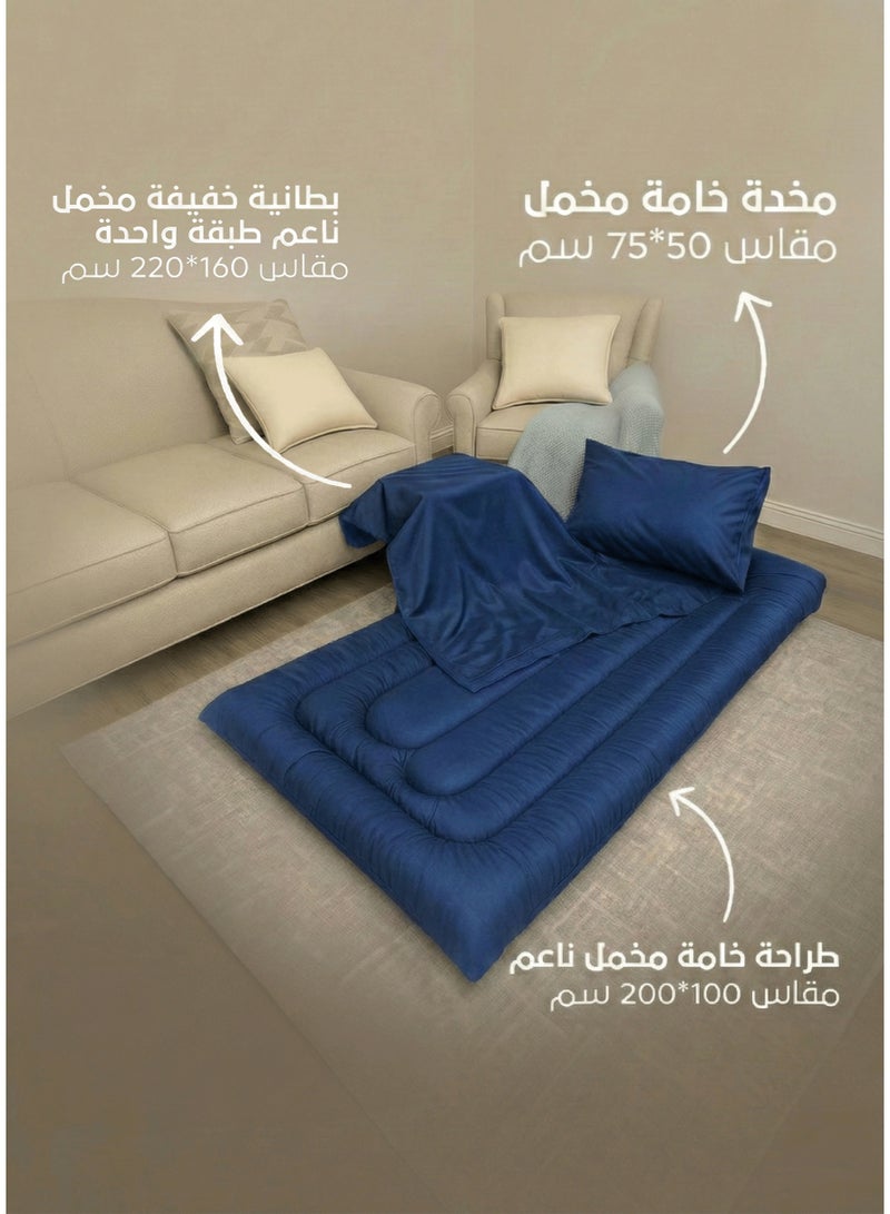 SleepLand Guest and travel package, blue color, consisting of a mattress, blanket, pillow, and pillowcase. - Image 1