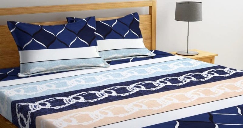 LAYNORA Premium Cotton Elastic Fitted Bedsheets with 2 King Size Pillow Covers | Double Bed with All Around Elastic 180 TC Supersoft | Size - 78X72+10 inches| Blue & White - Image 2
