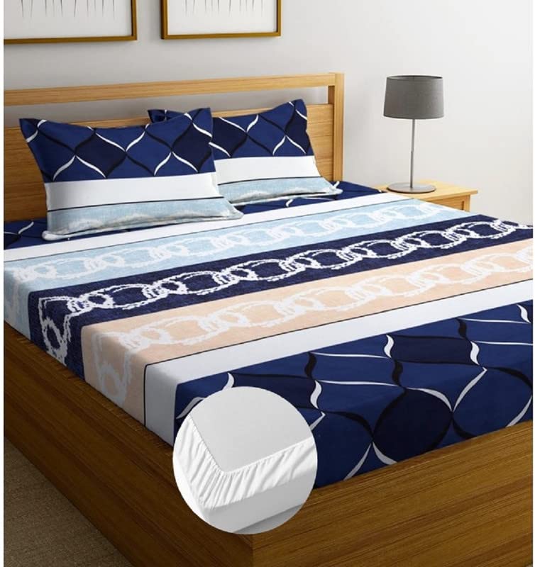 LAYNORA Premium Cotton Elastic Fitted Bedsheets with 2 King Size Pillow Covers | Double Bed with All Around Elastic 180 TC Supersoft | Size - 78X72+10 inches| Blue & White - Image 5
