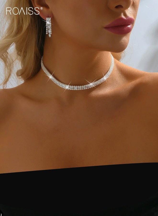 رويس قلادة نسائية رائعة مرصعة بالألماس بالكامل على شكل ترقوة وقلادة ألماس عارية مع أقراط متطابقة، طقم من قطعتين من الذهب الأبيض، بسيط وفاخر، مناسب لفستان الزفاف أو فستان السهرة - Image 2