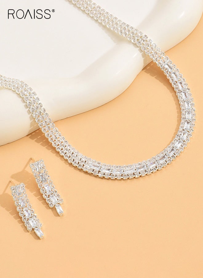 رويس قلادة نسائية رائعة مرصعة بالألماس بالكامل على شكل ترقوة وقلادة ألماس عارية مع أقراط متطابقة، طقم من قطعتين من الذهب الأبيض، بسيط وفاخر، مناسب لفستان الزفاف أو فستان السهرة - Image 4