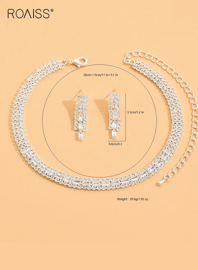 رويس قلادة نسائية رائعة مرصعة بالألماس بالكامل على شكل ترقوة وقلادة ألماس عارية مع أقراط متطابقة، طقم من قطعتين من الذهب الأبيض، بسيط وفاخر، مناسب لفستان الزفاف أو فستان السهرة - Image 3