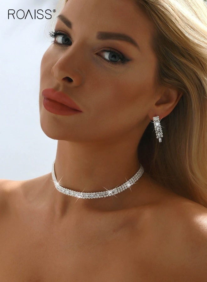 رويس قلادة نسائية رائعة مرصعة بالألماس بالكامل على شكل ترقوة وقلادة ألماس عارية مع أقراط متطابقة، طقم من قطعتين من الذهب الأبيض، بسيط وفاخر، مناسب لفستان الزفاف أو فستان السهرة - Image 1