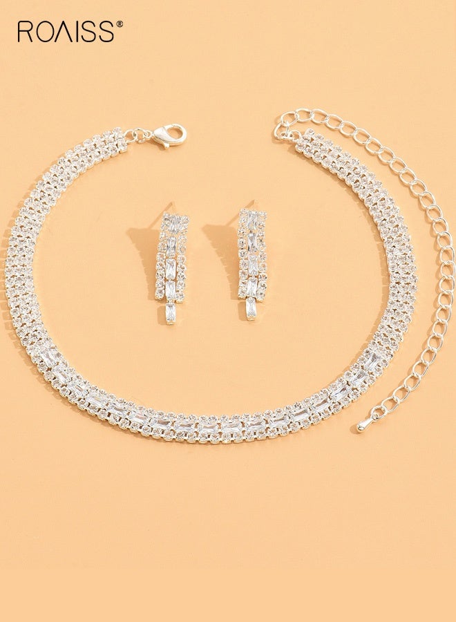 رويس قلادة نسائية رائعة مرصعة بالألماس بالكامل على شكل ترقوة وقلادة ألماس عارية مع أقراط متطابقة، طقم من قطعتين من الذهب الأبيض، بسيط وفاخر، مناسب لفستان الزفاف أو فستان السهرة - Image 5