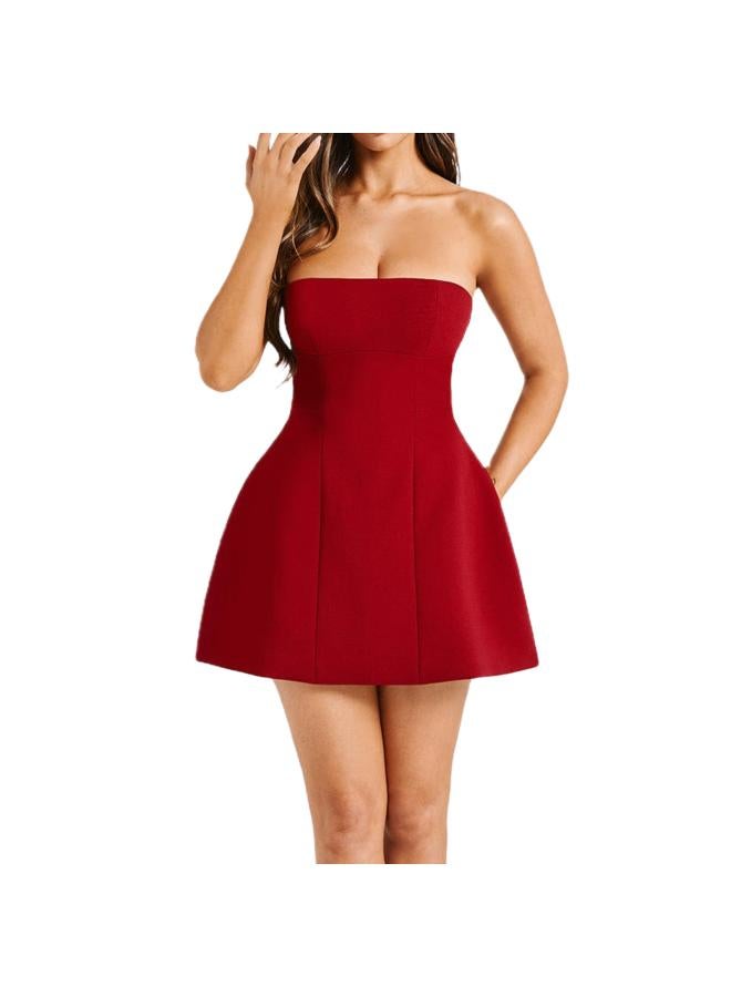 M24ds 46 European And American Women's Summer New Solid Color Casual Sleeveless Backless Strapless Slim-fit Short Dress
