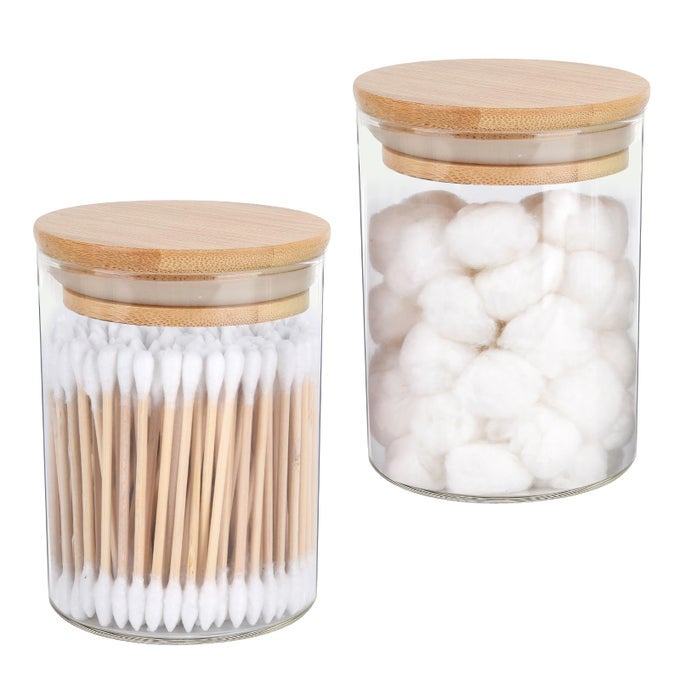 2 PACK GLASS QTIP HOLDER DISPENSER SET APOTHECARY JARS WITH LIDS FOR VANITY MAKEUP ORGANIZER BATHROOM CANISTER STORAGE ORGANIZER FOR COTTON BALL SWAB ROUND PADSFLOSS