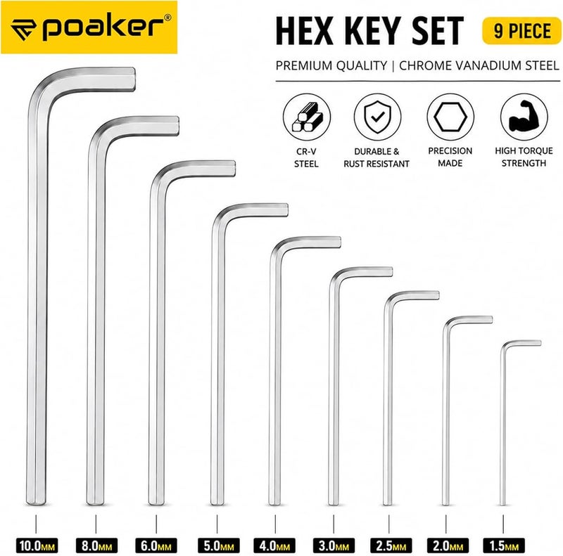 Poaker 9-Piece Allen Wrench Set, Metric Hex Key Set (1.5mm–10mm), Chrome Vanadium Steel (CR-V), L-Shaped Hex Allen Keys, Rust Resistant, High Torque Hand Tool Set for Bicycle, Furniture & Automotive - Image 1