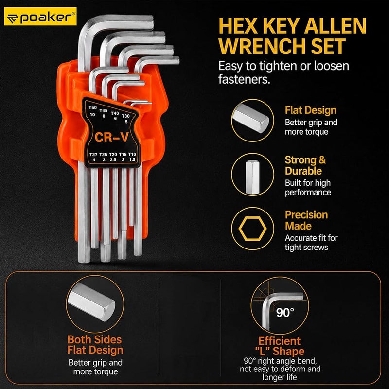 Poaker 9-Piece Allen Wrench Set, Metric Hex Key Set (1.5mm–10mm), Chrome Vanadium Steel (CR-V), L-Shaped Hex Allen Keys, Rust Resistant, High Torque Hand Tool Set for Bicycle, Furniture & Automotive - Image 2