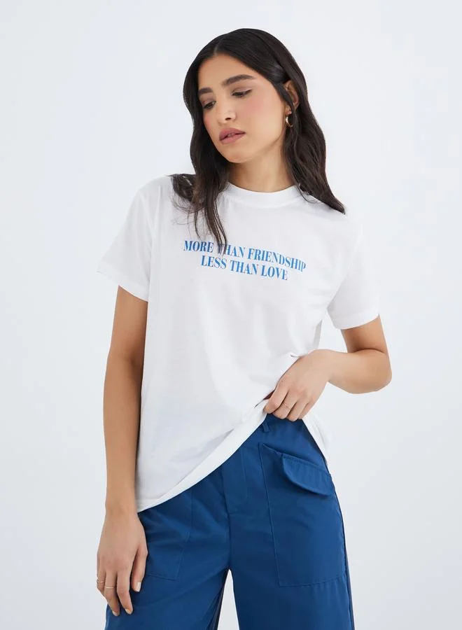 تايك تو Take Two Slogan Print Round Neck T-Shirt