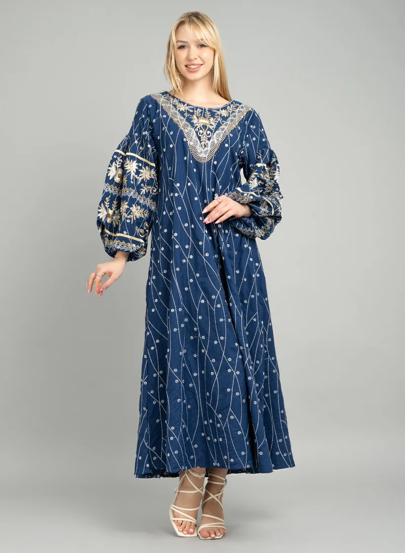 IKKXA Embroidered Wide Push Sleeves Jalabiya CJ1085 Blue