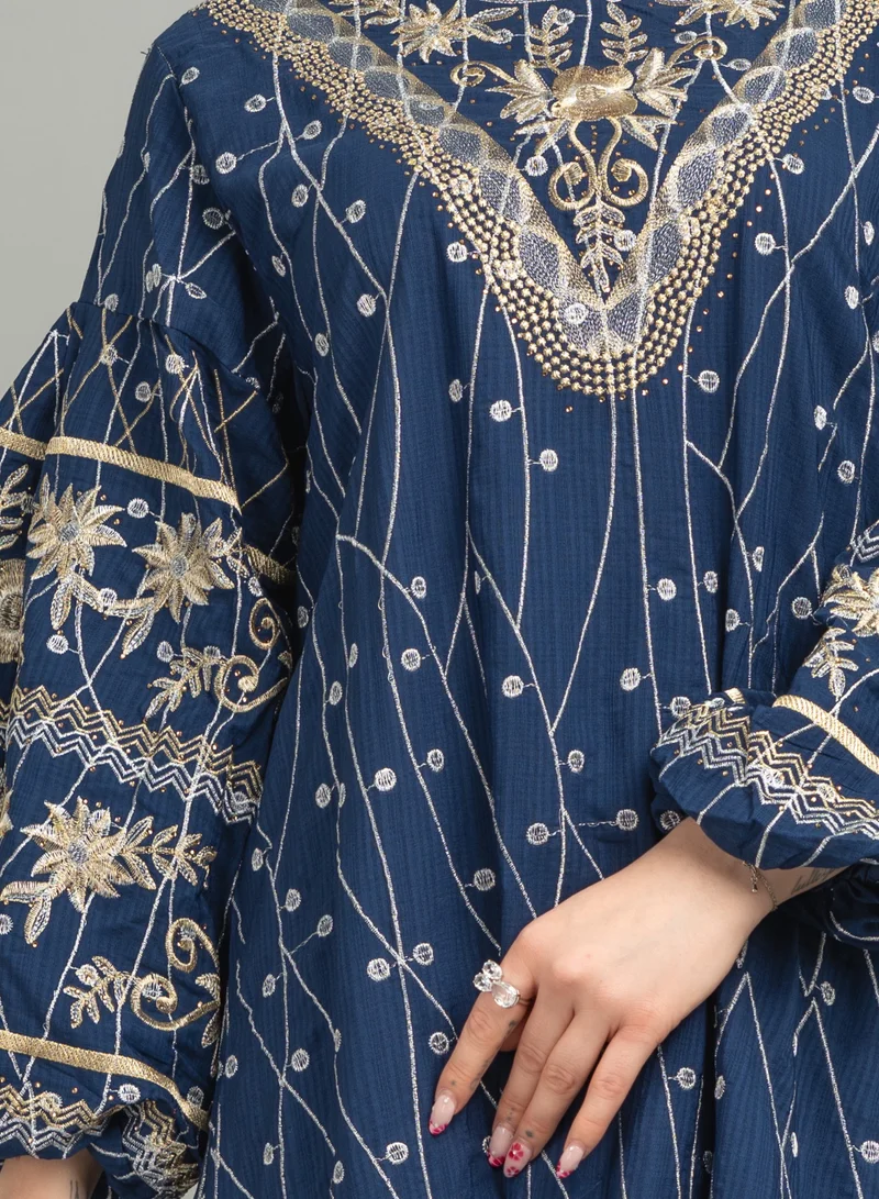 IKKXA Embroidered Wide Push Sleeves Jalabiya CJ1085 Blue