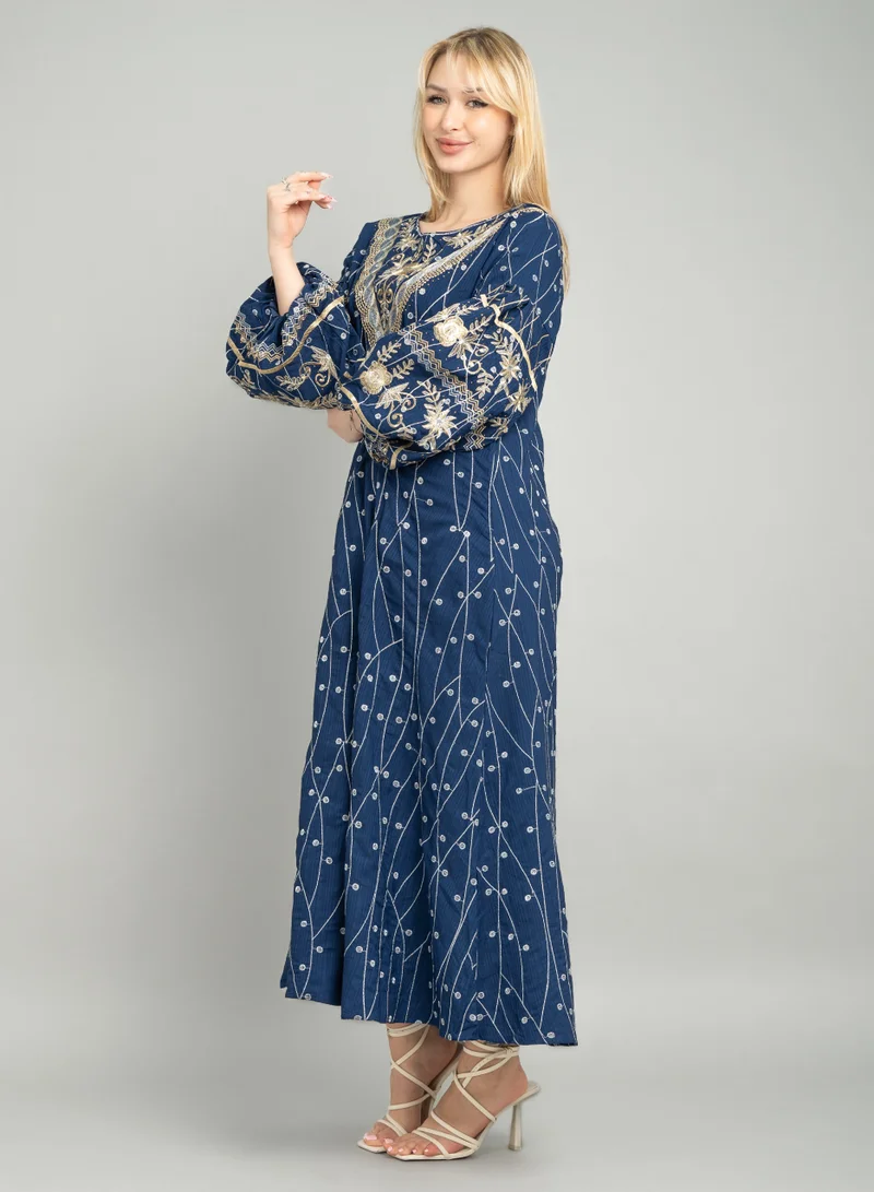 IKKXA Embroidered Wide Push Sleeves Jalabiya CJ1085 Blue