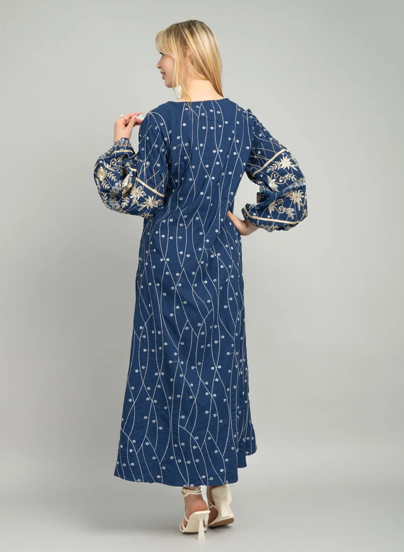 IKKXA Embroidered Wide Push Sleeves Jalabiya CJ1085 Blue